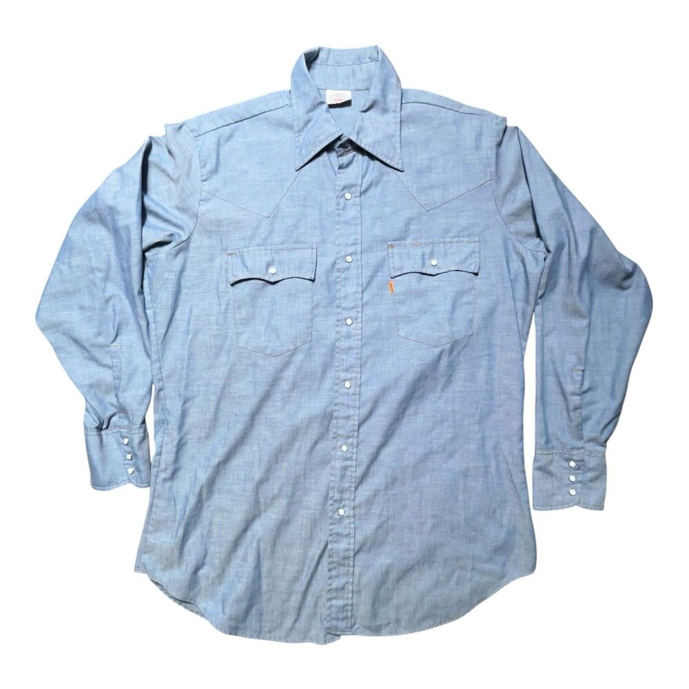 VTG 70's Levi's Orange Tab Chambray Pearl Snap Western Shirt Mens L Made in USA